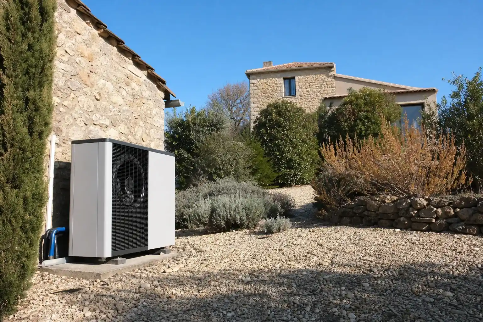 Pompe à chaleur air-eau installée au sol dans le jardin en garrigue d'un mas en pierre du Languedoc